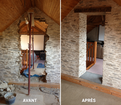 Ouverture d'un mur en pierre avec remontage des tableaux et pose d'un linteau bois