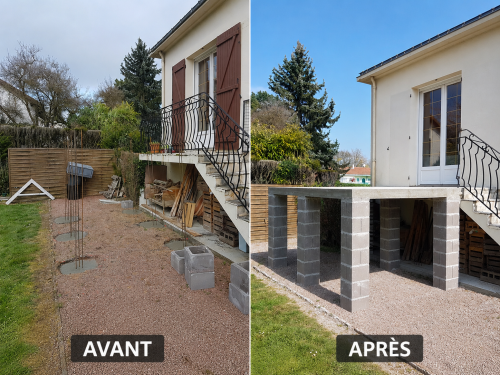 Création d'une terrasse sur pilotis en parpaing en Loire Atlantique