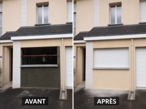 Transformation d'une ancienne porte de garage en fenêtre avec montage de parpaing, reprise d'enduit et pose d'un appui de fenêtre
